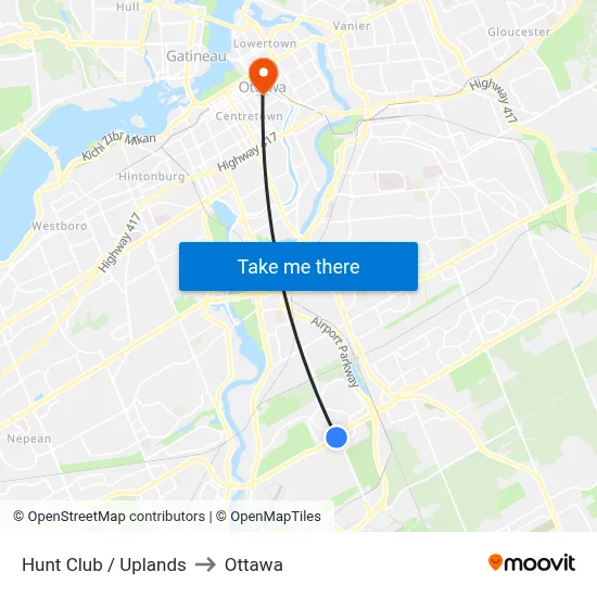 Hunt Club / Uplands to Ottawa map