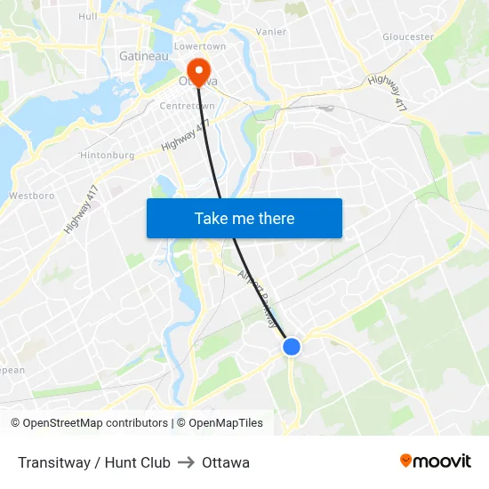 Transitway / Hunt Club to Ottawa map