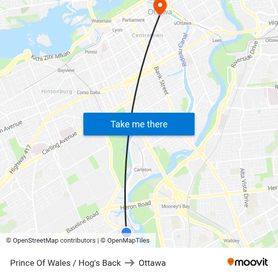 Prince Of Wales / Hog's Back to Ottawa map