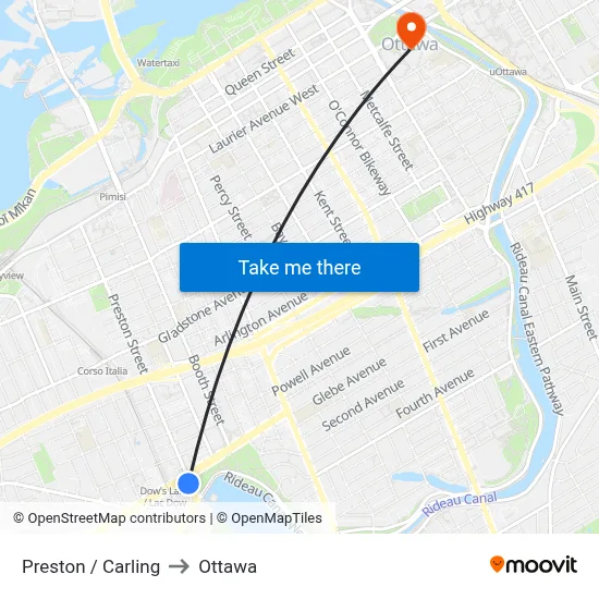 Preston / Carling to Ottawa map