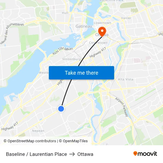 Baseline / Laurentian Place to Ottawa map