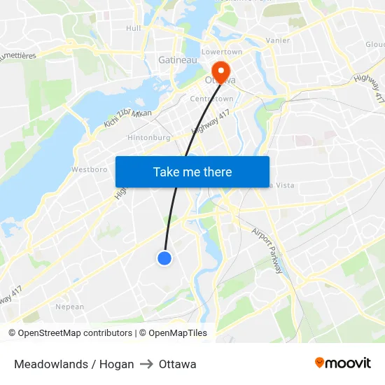 Meadowlands / Hogan to Ottawa map