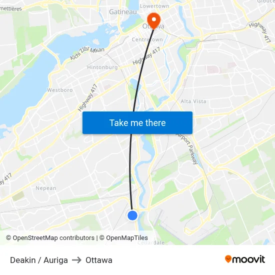 Deakin / Auriga to Ottawa map