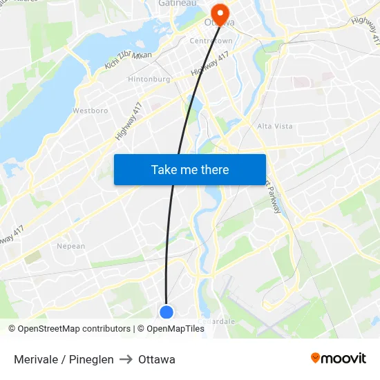 Merivale / Pineglen to Ottawa map