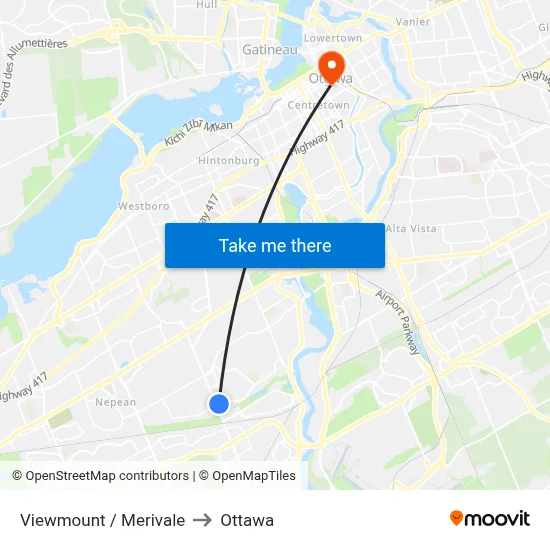 Viewmount / Merivale to Ottawa map