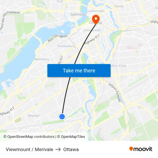Viewmount / Merivale to Ottawa map