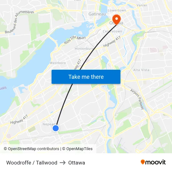 Woodroffe / Tallwood to Ottawa map