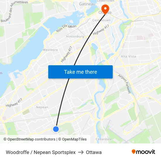 Woodroffe / Nepean Sportsplex to Ottawa map