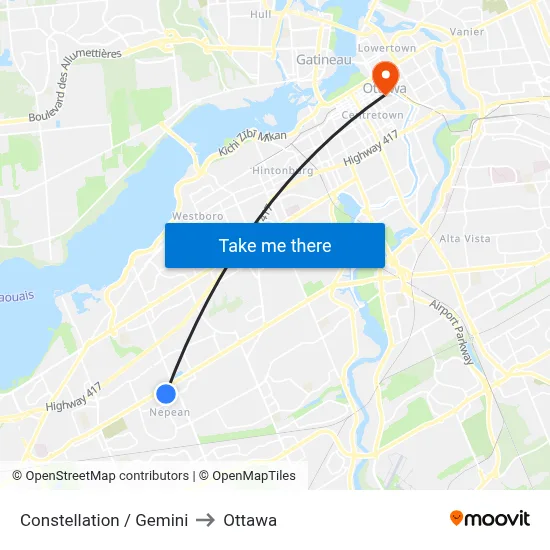 Constellation / Gemini to Ottawa map
