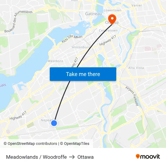 Meadowlands / Woodroffe to Ottawa map