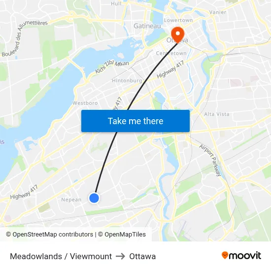 Meadowlands / Viewmount to Ottawa map