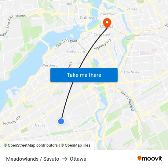 Meadowlands / Savuto to Ottawa map