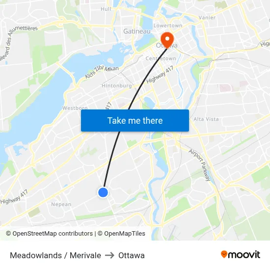Meadowlands / Merivale to Ottawa map