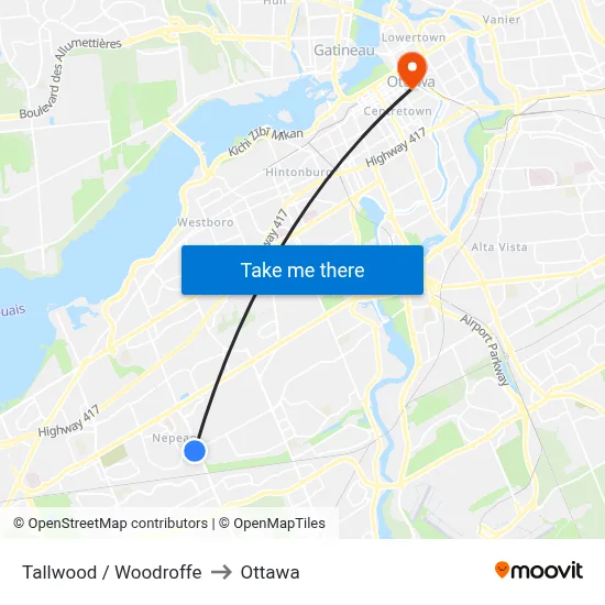 Tallwood / Woodroffe to Ottawa map