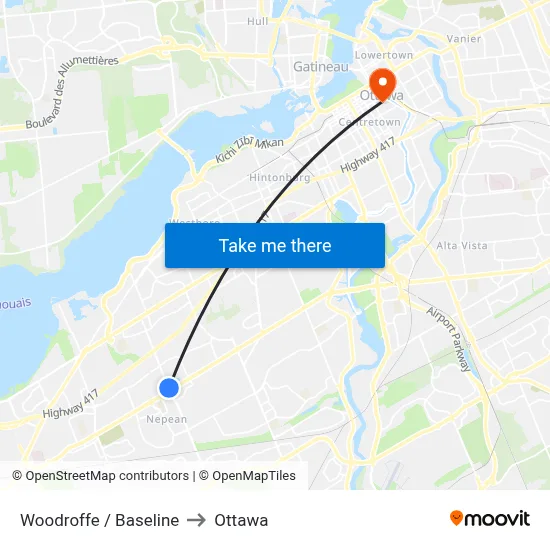 Woodroffe / Baseline to Ottawa map