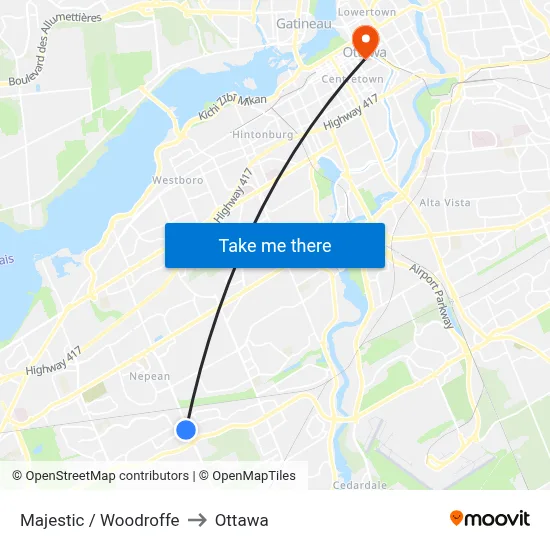 Majestic / Woodroffe to Ottawa map