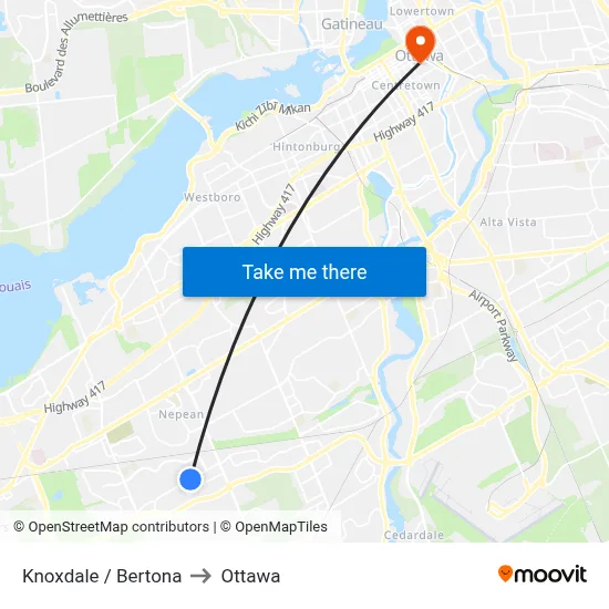 Knoxdale / Bertona to Ottawa map