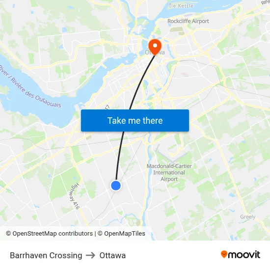 Barrhaven Crossing to Ottawa map