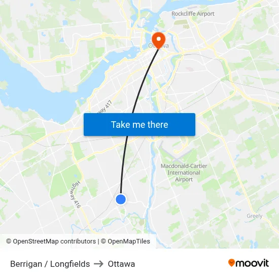 Berrigan / Longfields to Ottawa map