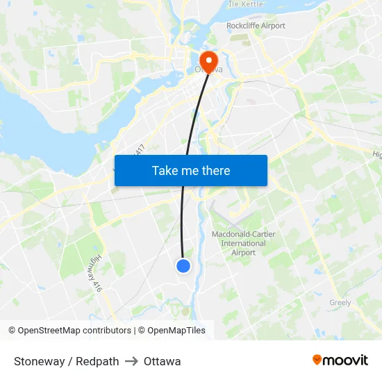 Stoneway / Redpath to Ottawa map