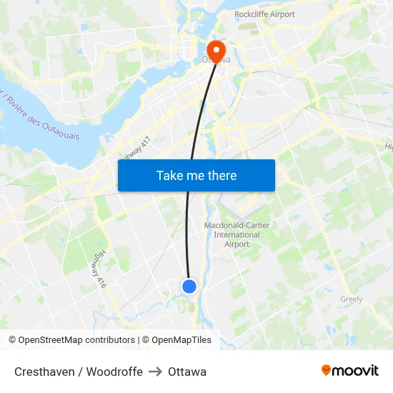 Cresthaven / Woodroffe to Ottawa map