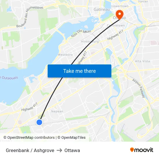 Greenbank / Ashgrove to Ottawa map