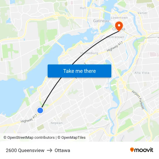2600 Queensview to Ottawa map