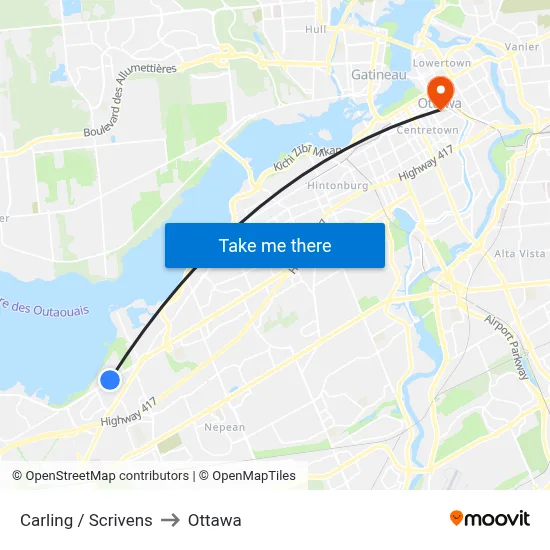 Carling / Scrivens to Ottawa map