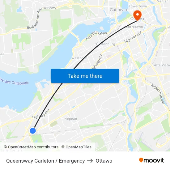 Queensway Carleton / Emergency to Ottawa map