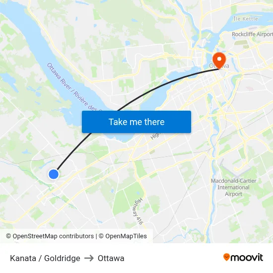 Kanata / Goldridge to Ottawa map