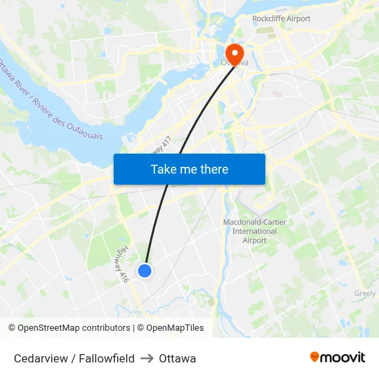 Cedarview / Fallowfield to Ottawa map