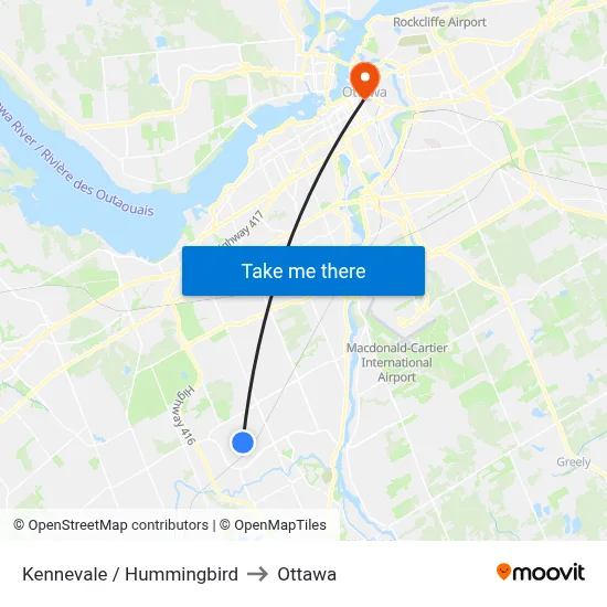 Kennevale / Hummingbird to Ottawa map