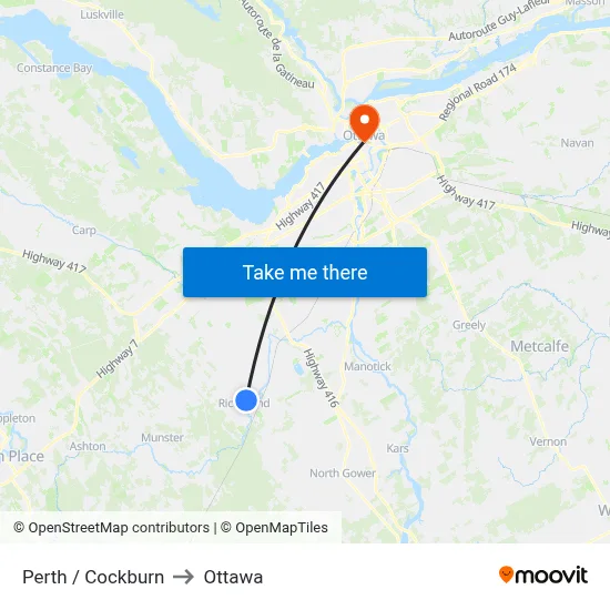 Perth / Cockburn to Ottawa map