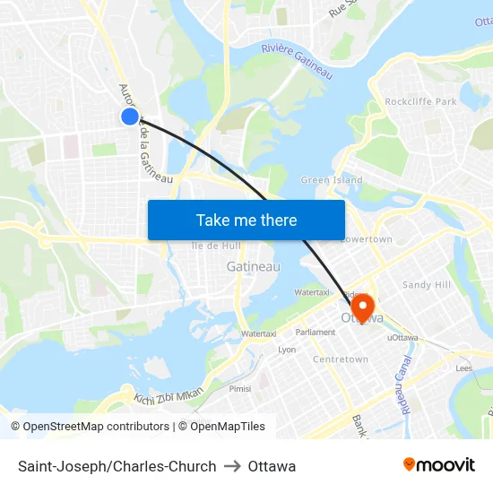 Saint-Joseph/Charles-Church to Ottawa map