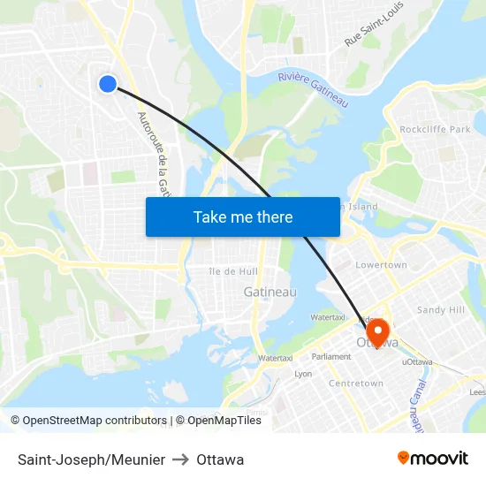 Saint-Joseph/Meunier to Ottawa map