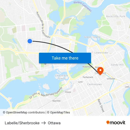 Labelle/Sherbrooke to Ottawa map