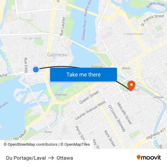 Du Portage/Laval to Ottawa map