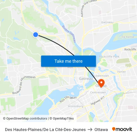 Des Hautes-Plaines/De La Cité-Des-Jeunes to Ottawa map