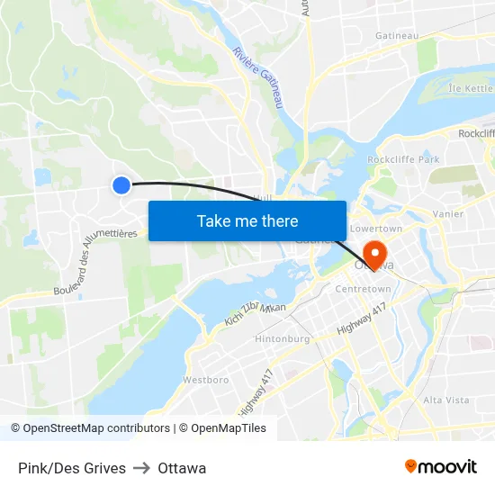 Pink/Des Grives to Ottawa map