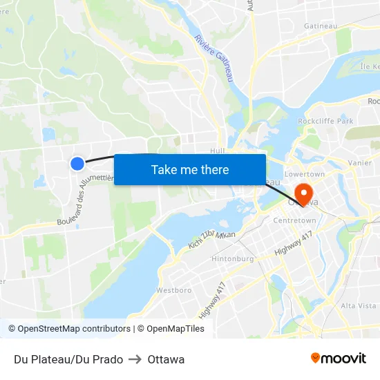 Du Plateau/Du Prado to Ottawa map