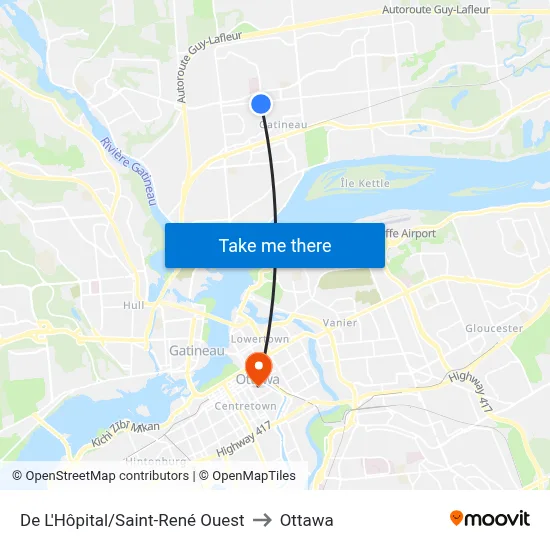 De L'Hôpital/Saint-René Ouest to Ottawa map