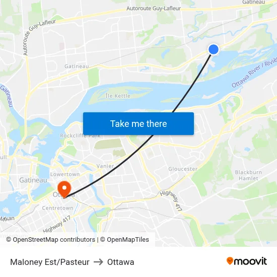 Maloney Est/Pasteur to Ottawa map