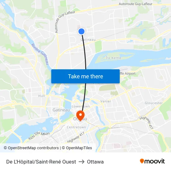 De L'Hôpital/Saint-René Ouest to Ottawa map