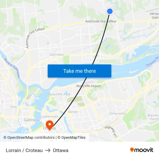 Lorrain / Croteau to Ottawa map