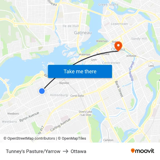 Tunney's Pasture/Yarrow to Ottawa map