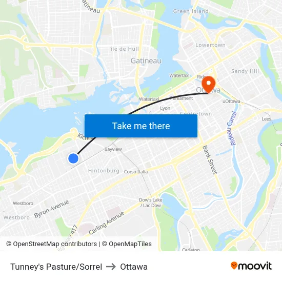 Tunney's Pasture/Sorrel to Ottawa map