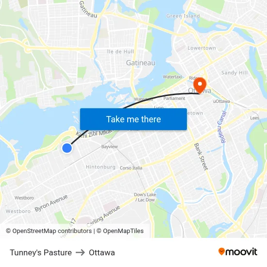 Tunney's Pasture to Ottawa map