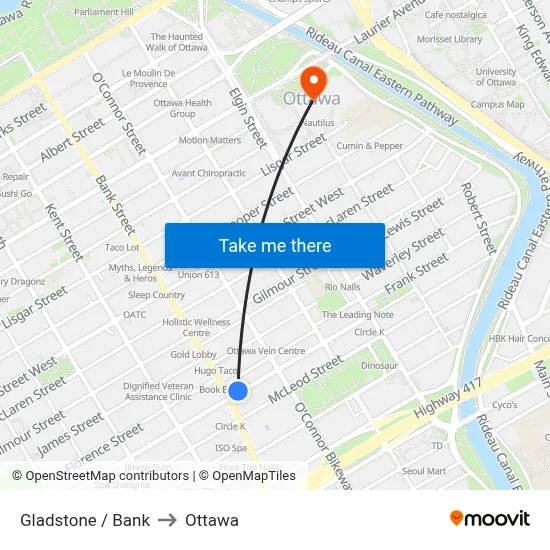 Gladstone / Bank to Ottawa map