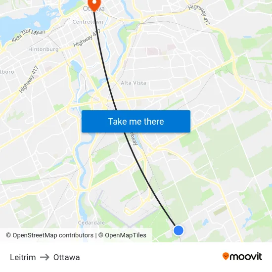Leitrim to Ottawa map