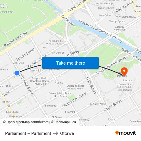 Parliament ~ Parlement to Ottawa map